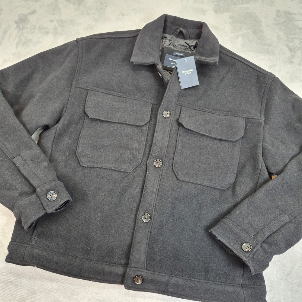 NWT Wool Blend Abercrombie Mens Trucker Black Cropped Insulated Quilted Jacket L